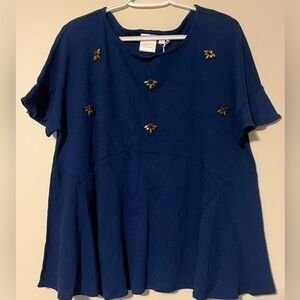 NWT LC Lauren Conrad Embellished Bee Navy Ruffle Sleeve Top